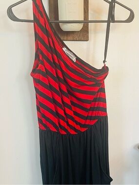 Tracy vintage 80's Red & Black Striped one shoulder jumpsuit. Size small